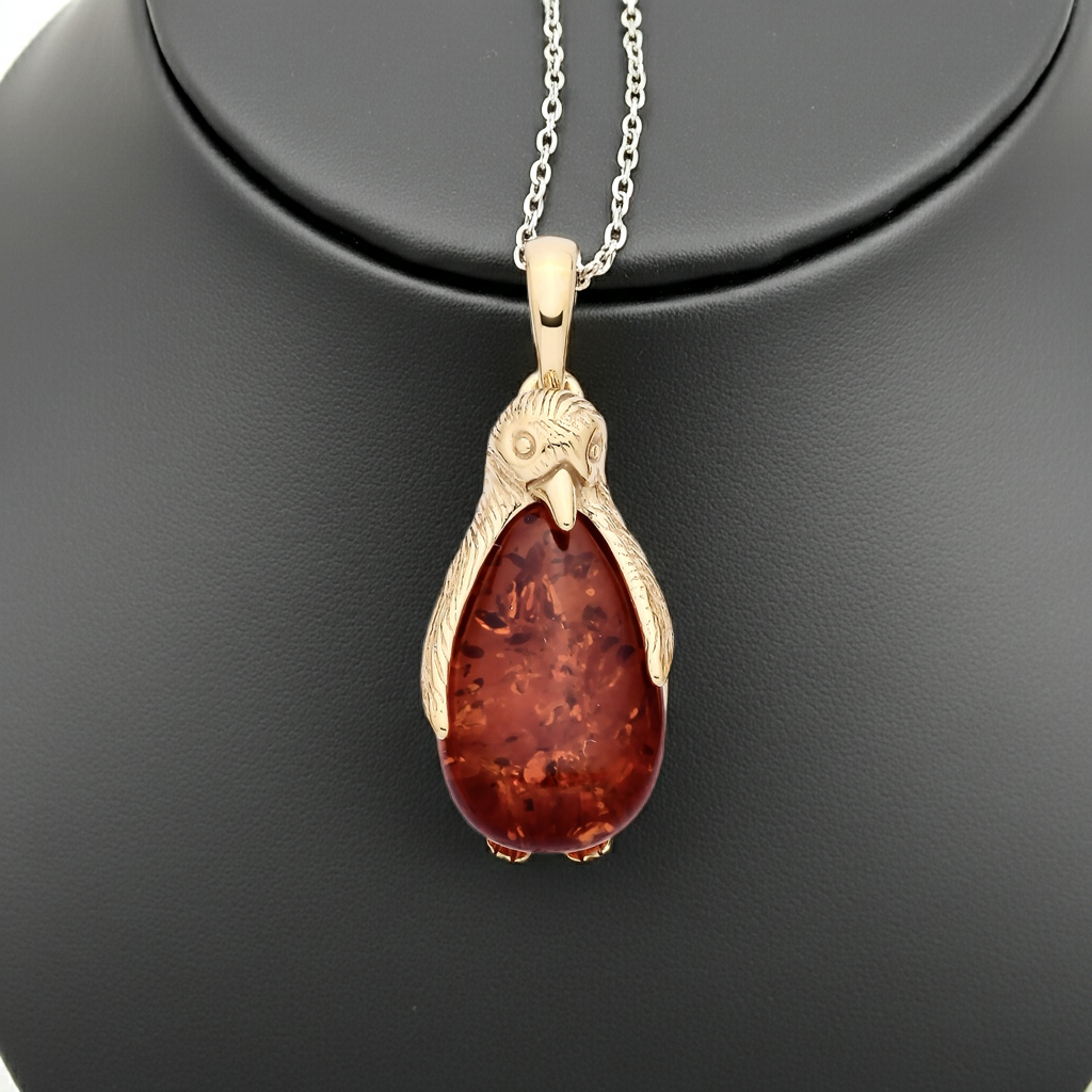 Natural Amber Penguin Pendant 18ct Gold on Solid Sterling Silver 925 18" Chain