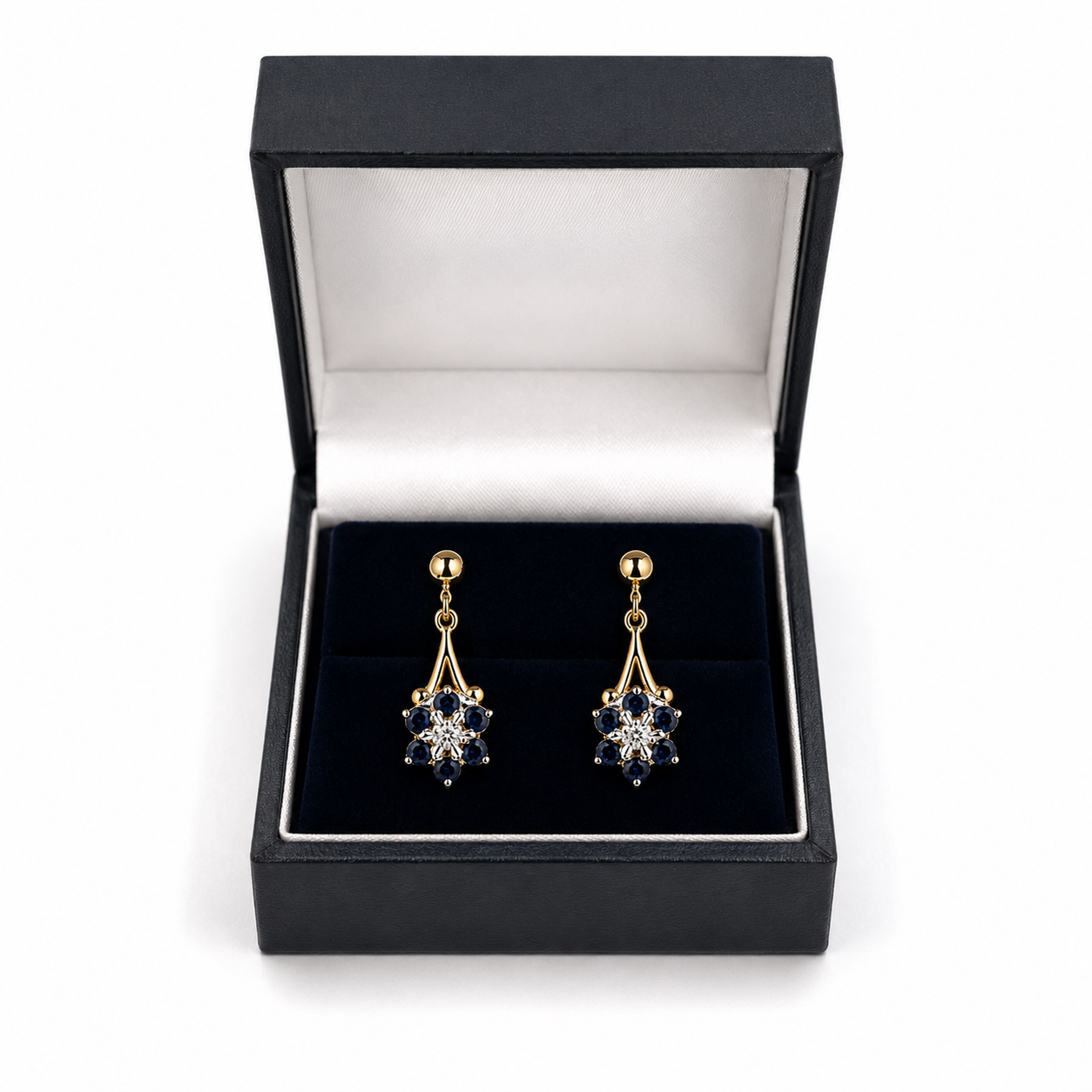 9ct Gold Sapphire & Diamond Cluster Drop Dangle Earrings Vintage Floral Stud