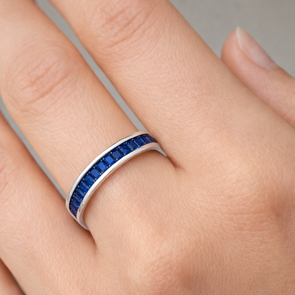Sterling Silver Sapphire Baguette Eternity Ring 4mm Band 925 Hallmark Size K - S