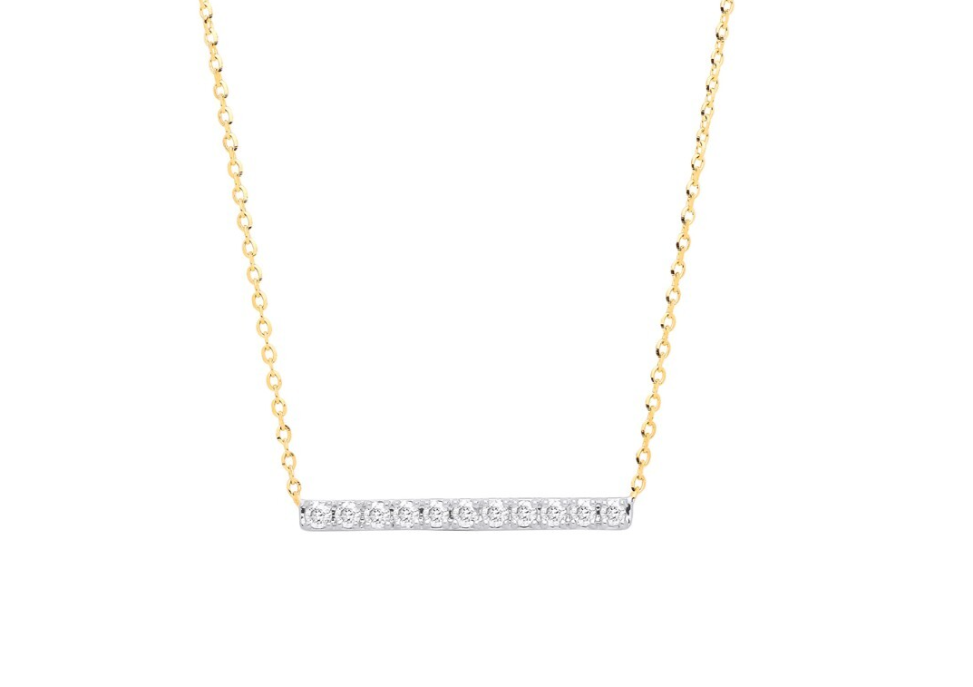 Real Diamond Bar Pendant Necklace 9ct Yellow Gold 16 - 17"