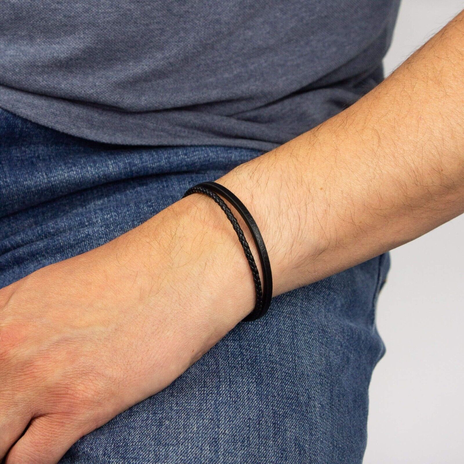 Fred Bennett Double Row Black Leather Bracelet 21cm B5321