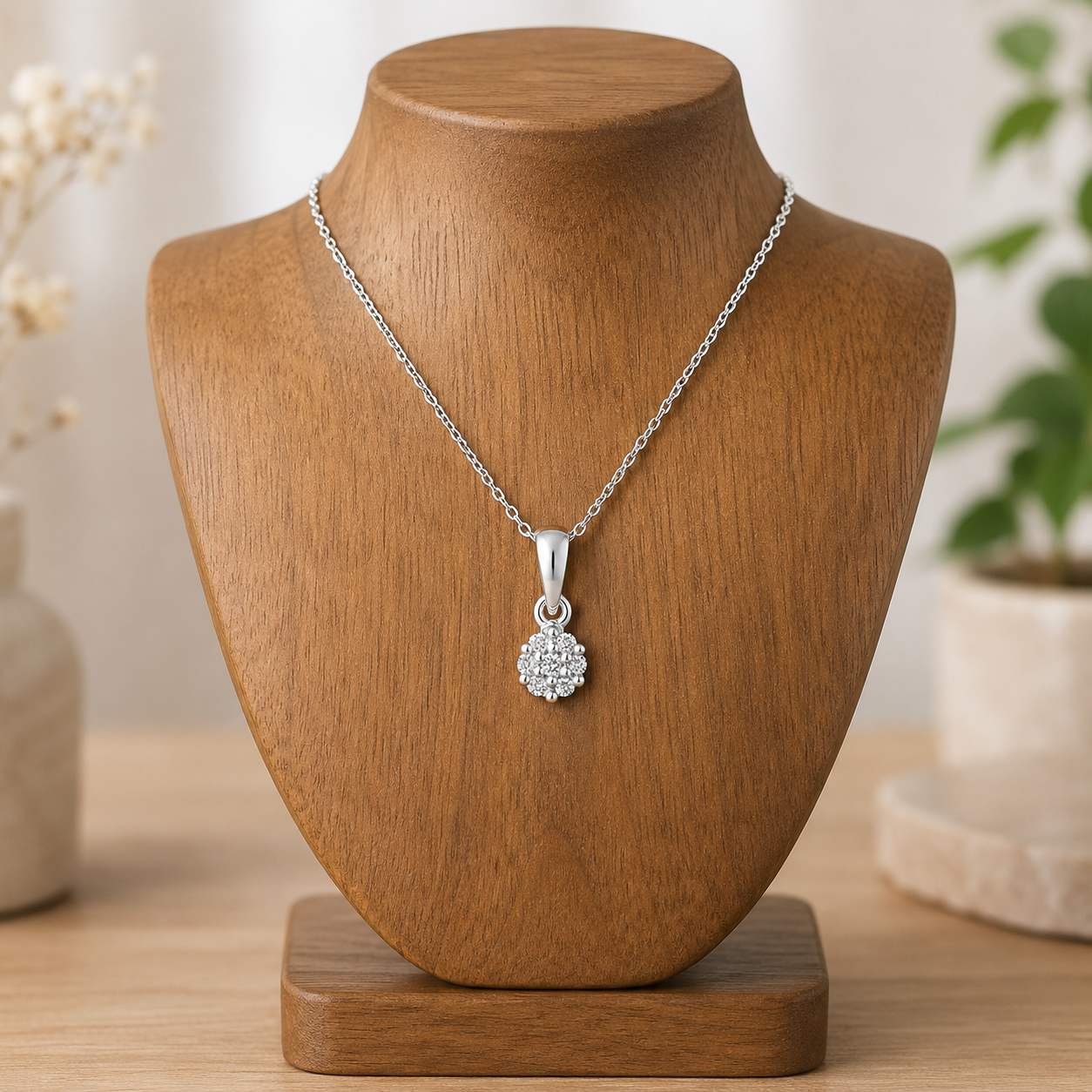 Natural Diamond Cluster Pendant 9ct White Gold 18" Chain Hallmark British Made