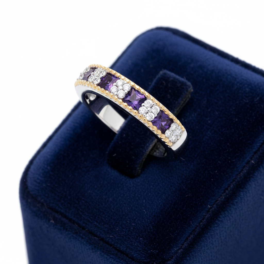Sterling Silver Amethyst Eternity Ring  18ct Gold Detail 925 Hallmark Size K - S
