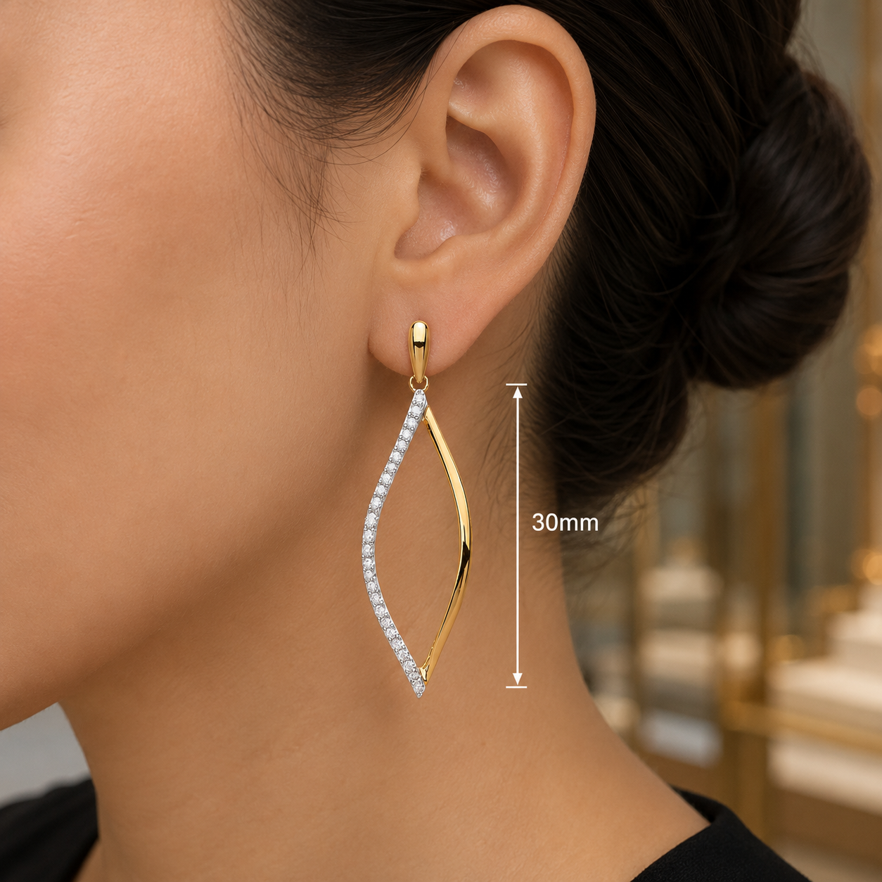 9ct Yellow Gold Diamond Twist Drop Earrings 30mm Dangle Pierced Ladies Gift Box