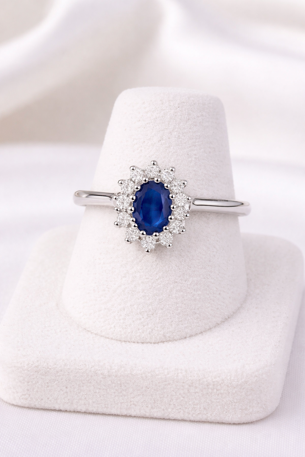Real Sapphire and Diamond Ring 9ct White Gold Oval Cluster Size J K L M N O P Q