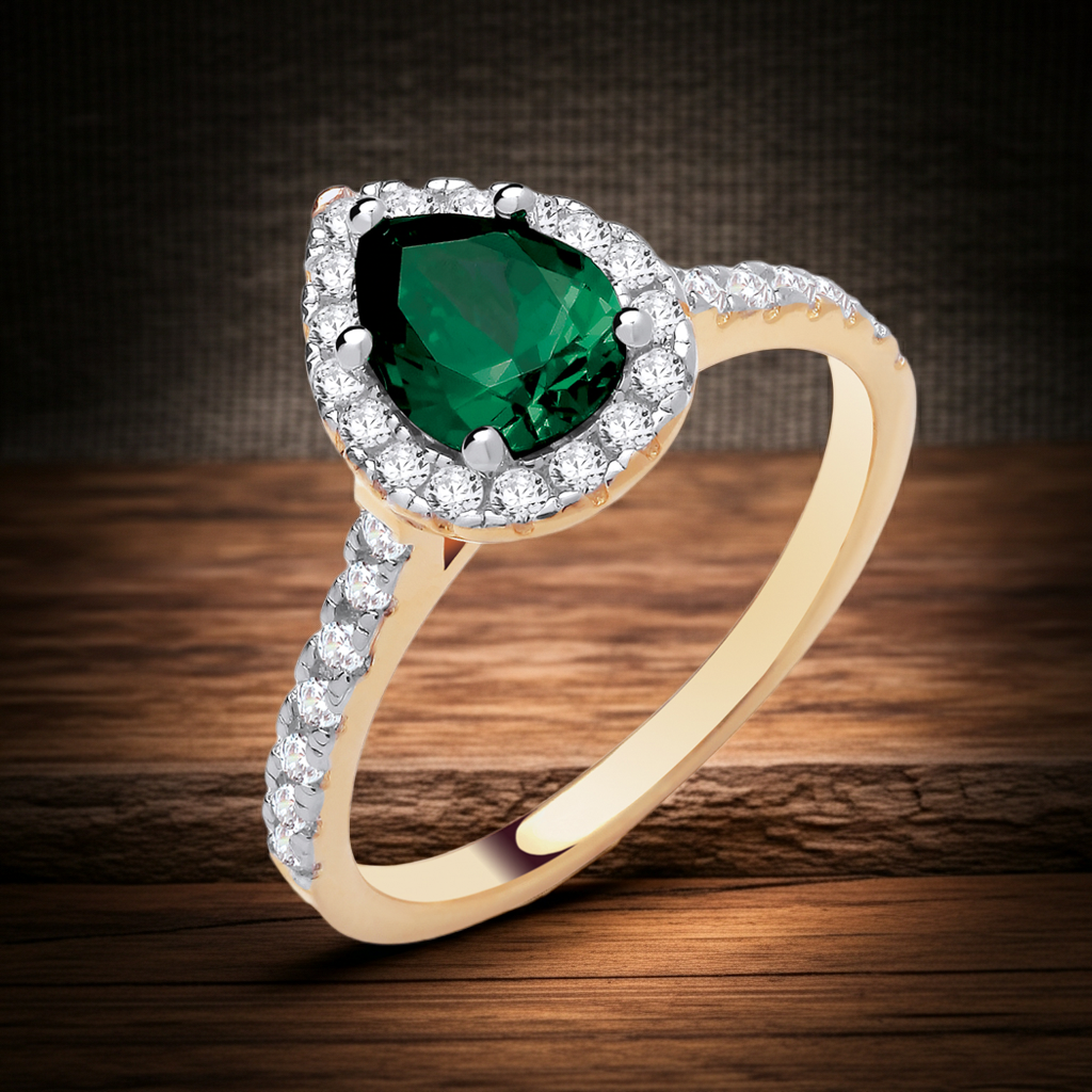 18ct Yellow Gold Emerald Pear Ring Sterling Silver 925 Hallmark Size K-S