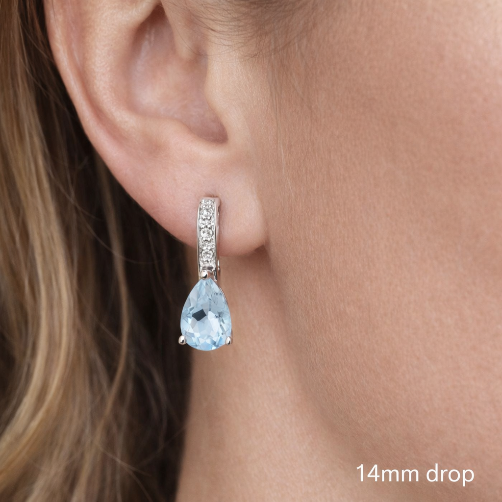 Blue Topaz and Diamond Earrings Solid 9ct White Gold Pear Drops Hallmarked