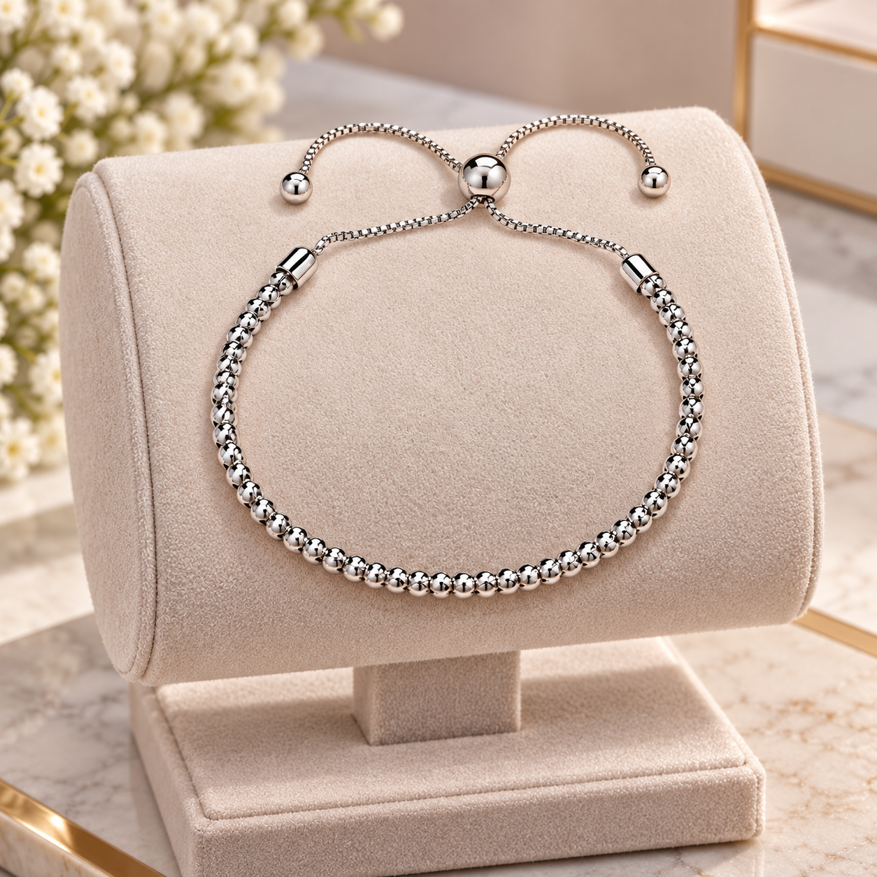 Sterling Silver Adjustable Bolo Slider Bracelet Beaded Chain Ball Ends 925