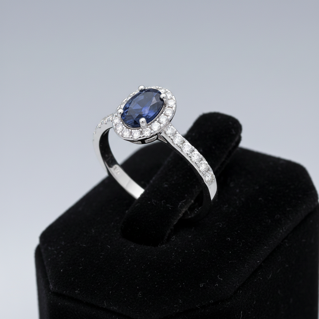 Sterling Silver Sapphire Ring Oval Halo Engagement 925 Hallmark Size K-S