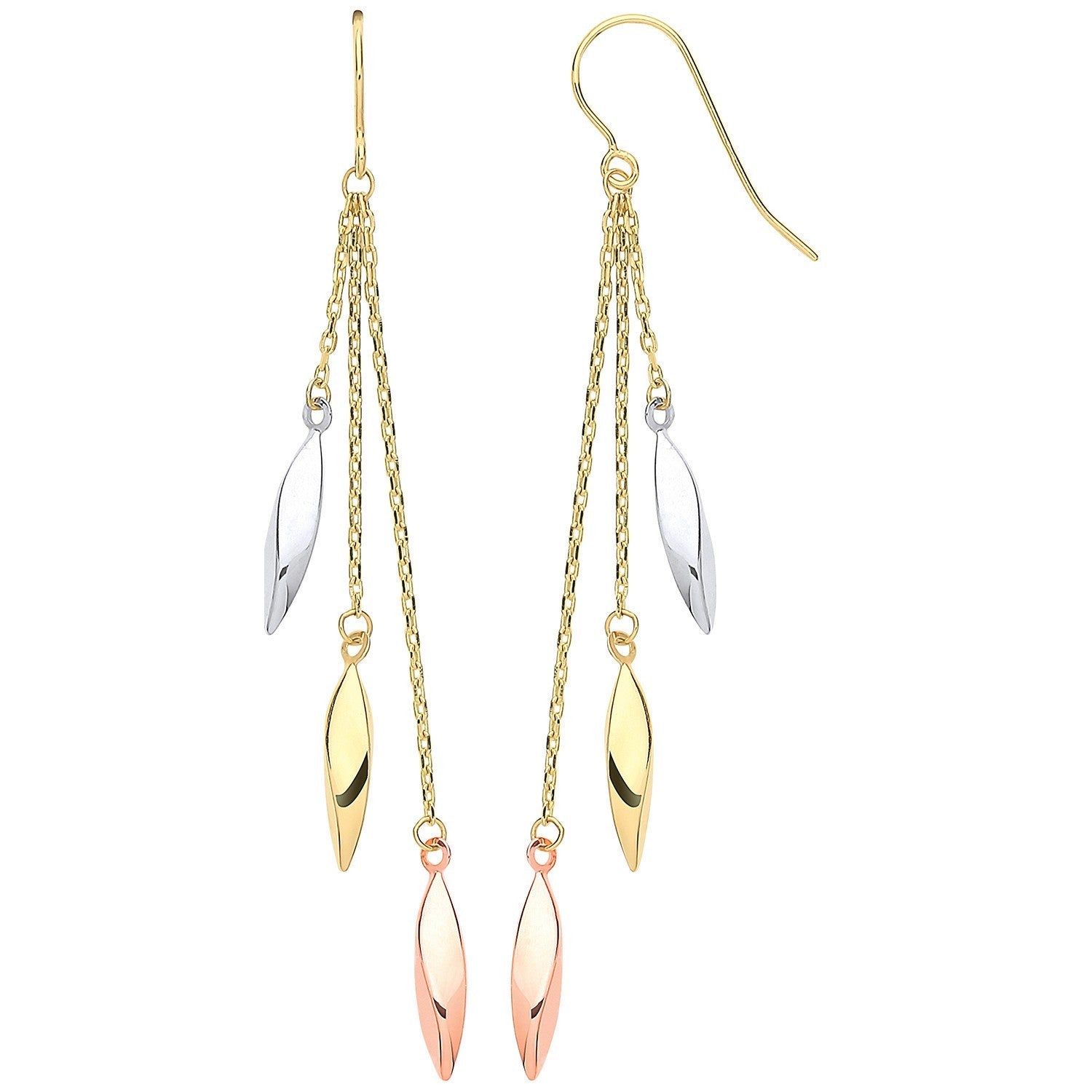Three Chain Drop Earrings 9ct Yellow, White & Rose Gold Hallmarked 65mm Drops