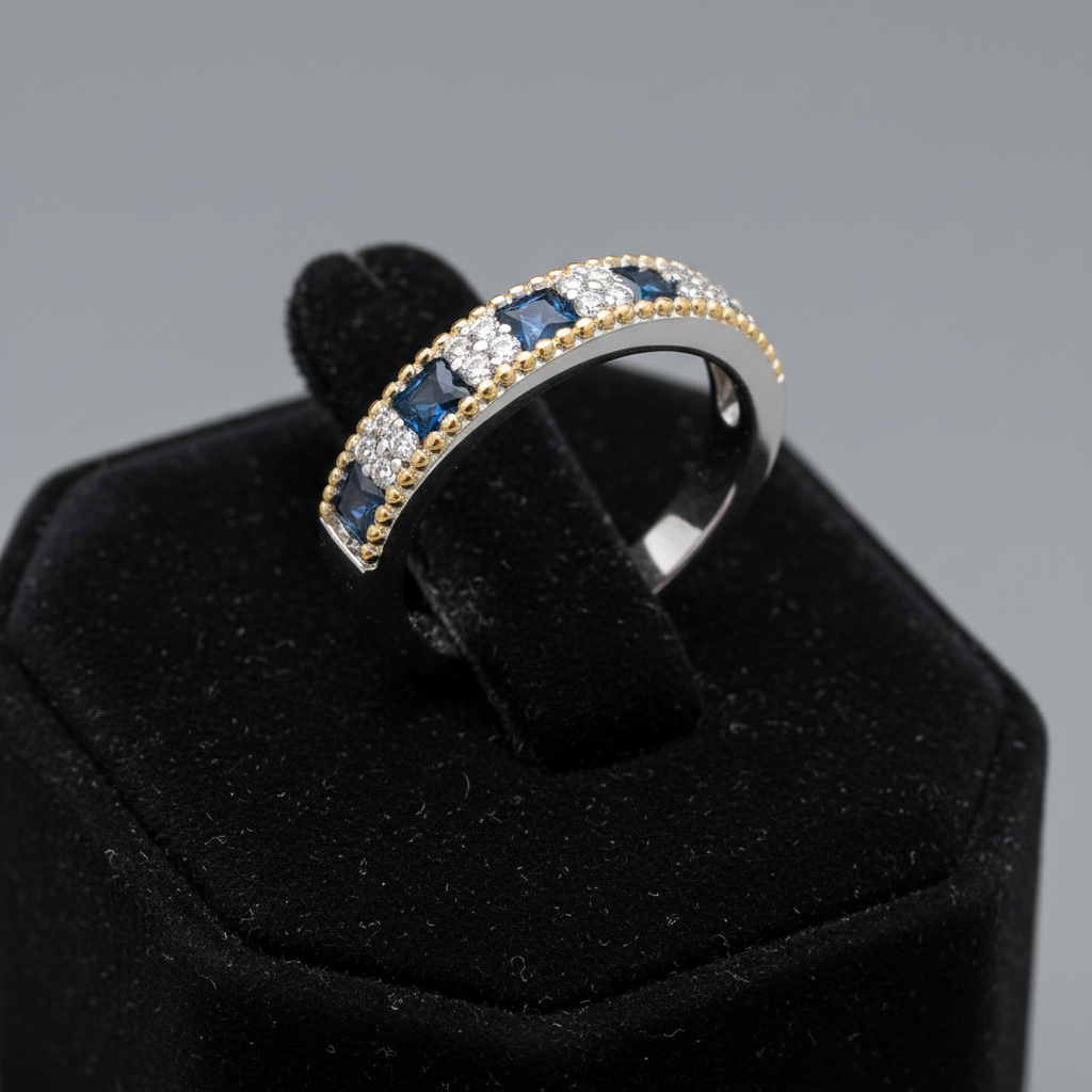 Sterling Silver Sapphire Eternity Ring  18ct Gold Detail 925 Hallmark Size K - S