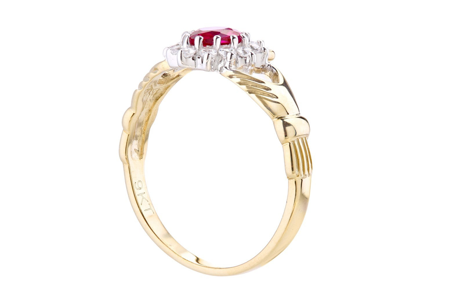 Ruby Claddagh Ring in Solid 9ct Yellow Gold Hallmarked Sizes MNOPQ