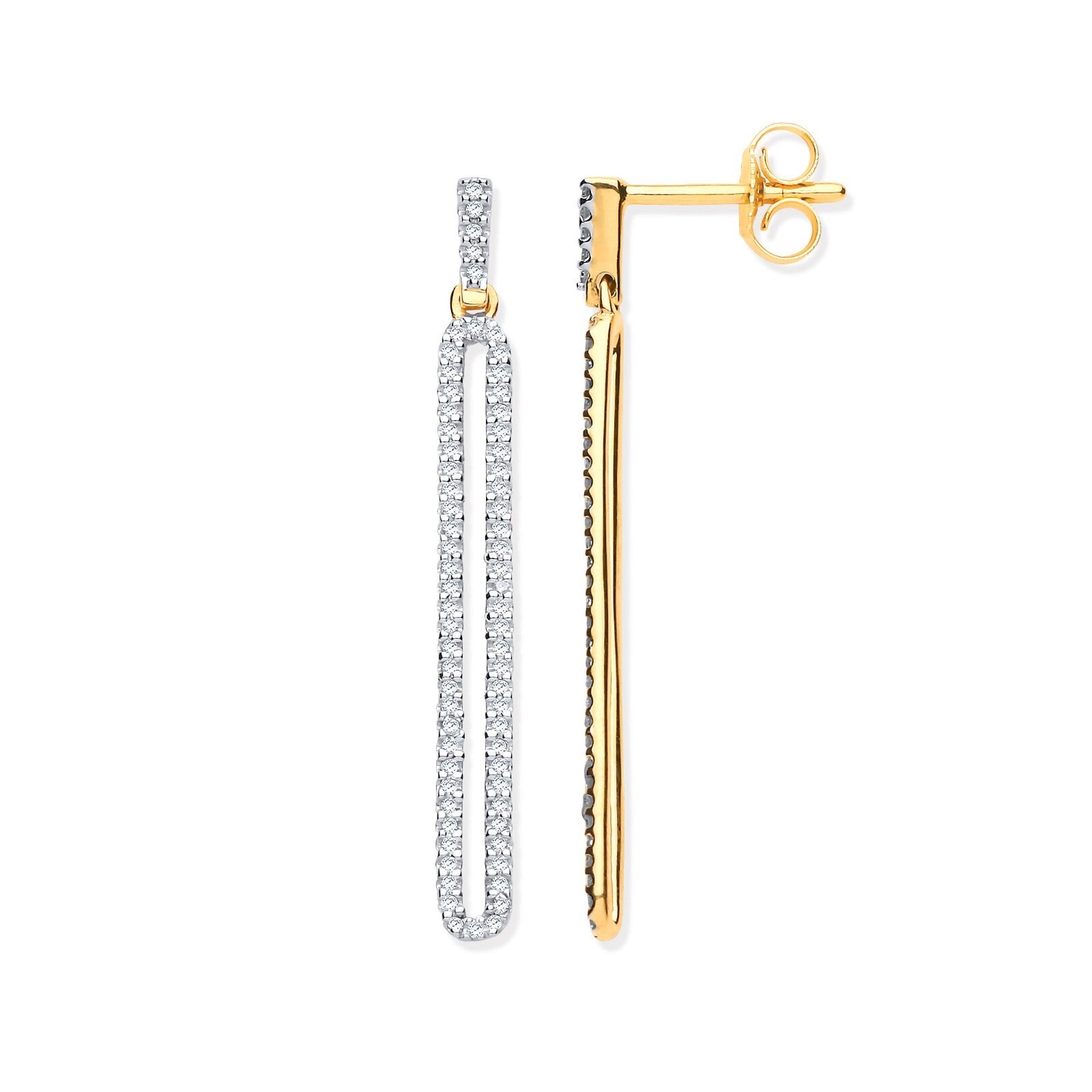 9ct Yellow Gold Long Loop Drop 0.25ct Diamond Earrings 33.5mm Length Hallmarked