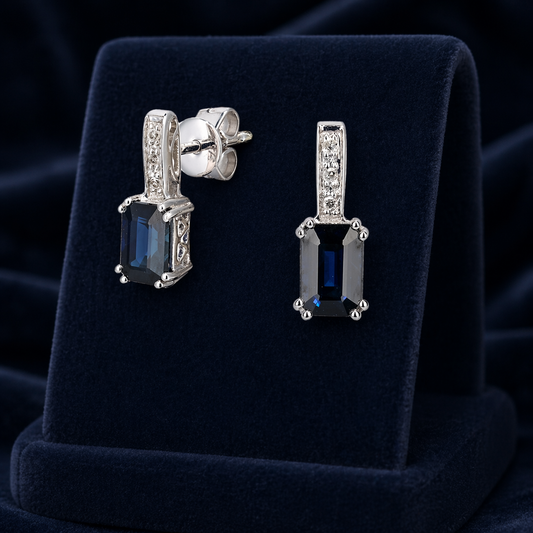 Natural Sapphire and Diamond Earrings Solid 9ct White Gold Drops Hallmarked