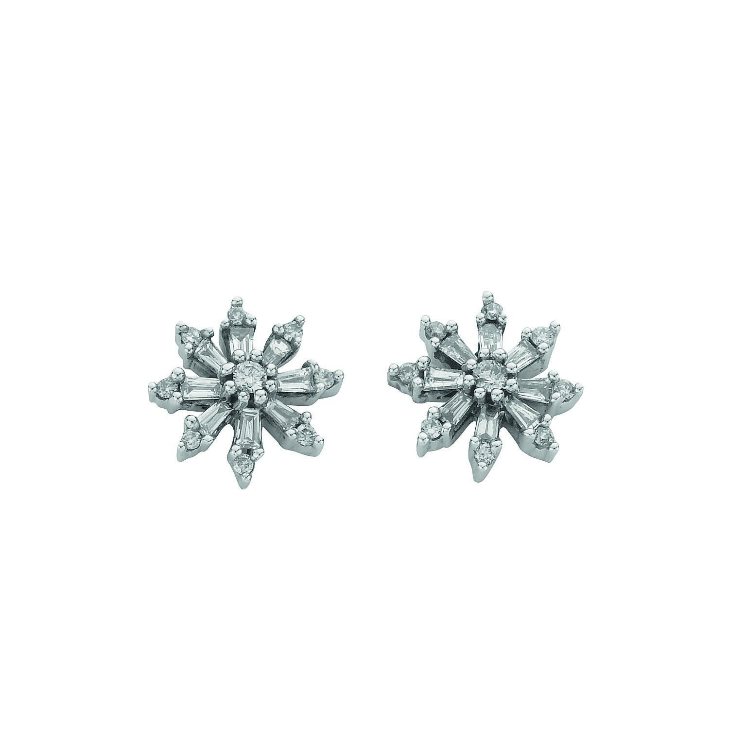 9ct White Gold Snowflake 0.35ct Diamond Studs Earrings Hallmarked - 10mm