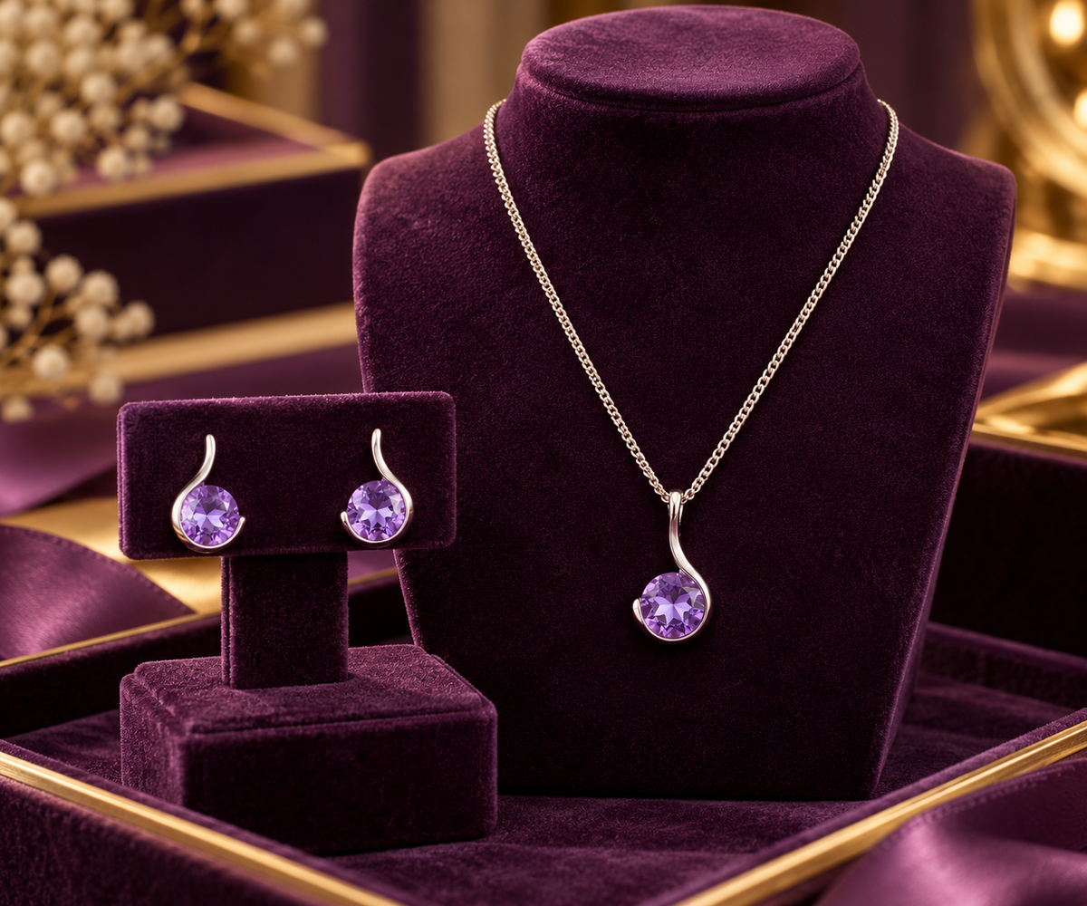 Real Amethyst Solitaire Set Matching Pendant and Earrings 925 Sterling Silver