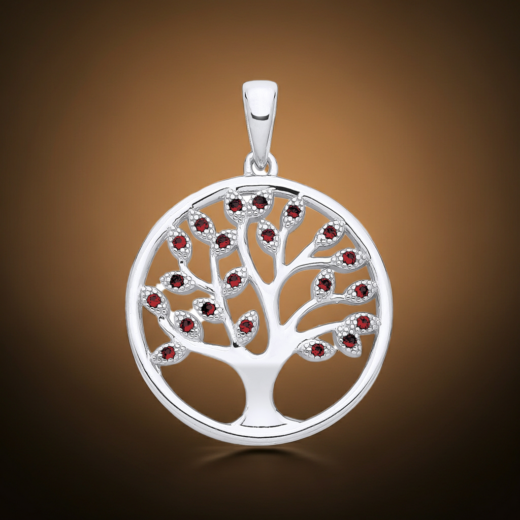 Ruby Tree of Life Pendant Solid Sterling Silver 925 Hallmark 18" Chain