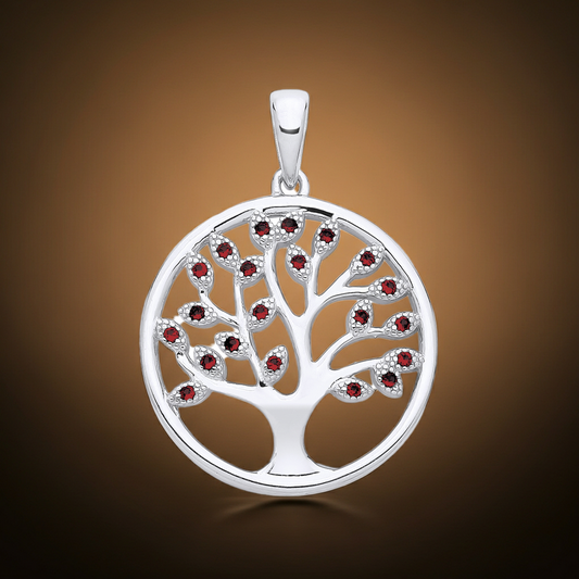 Ruby Tree of Life Pendant Solid Sterling Silver 925 Hallmark 18" Chain