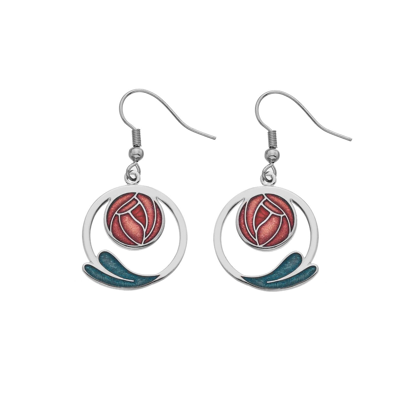 Mackintosh Rose Drop Earrings Coiled Leaf Silver Plated Branded Packaging