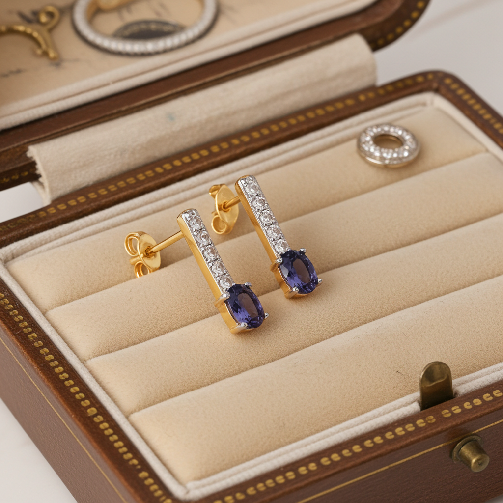 18ct Gold Tanzanite Drop Stud Earrings on Solid Sterling Silver 925 Hallmark