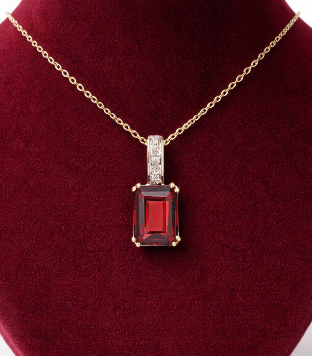 Natural Garnet Pendant With Diamonds 9ct Yellow Gold 18" 46cm Length Chain