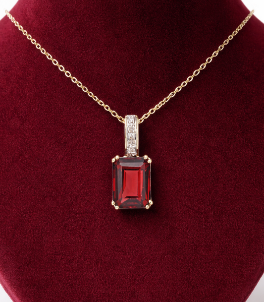Natural Garnet Pendant With Diamonds 9ct Yellow Gold 18" 46cm Length Chain