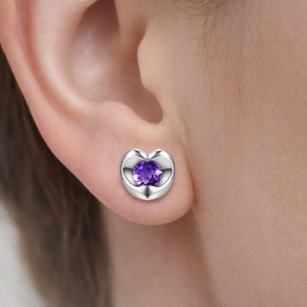 Natural Amethyst Heart Stud Earrings 9ct White Gold Hallmarked