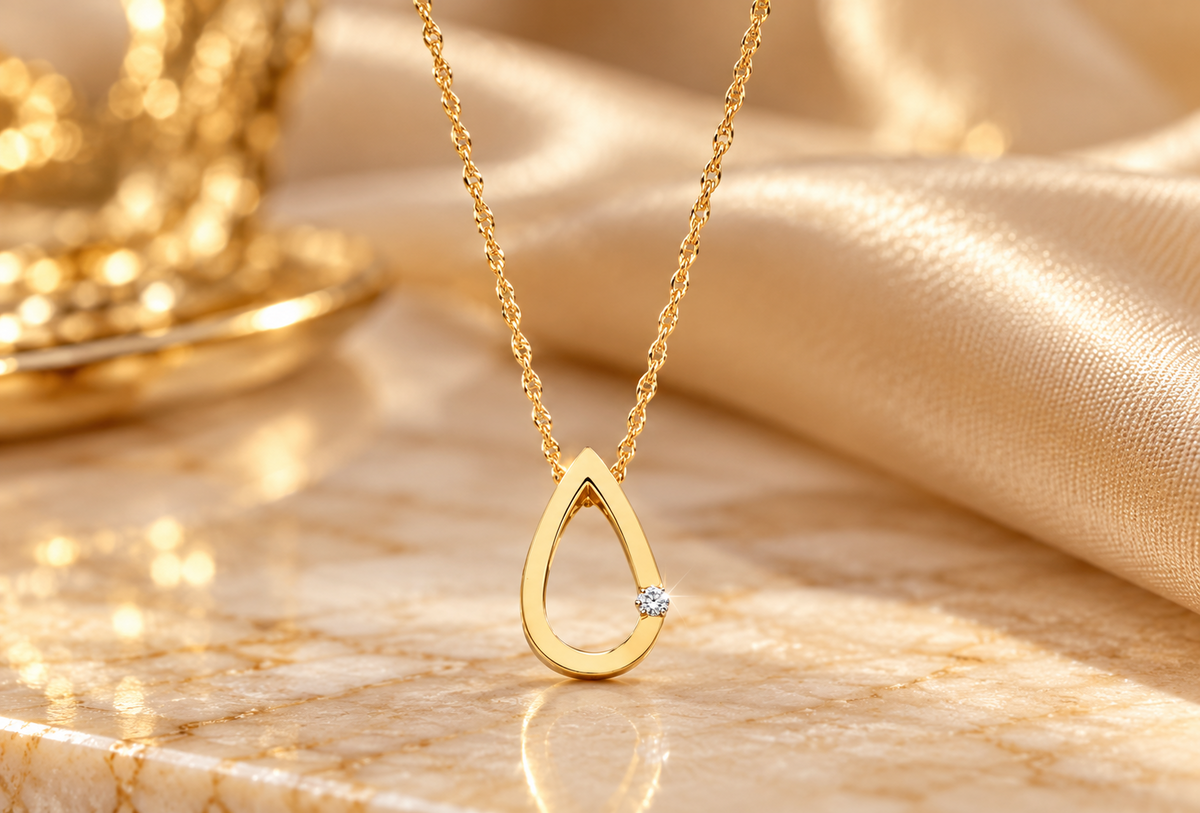 Elegant Diamond Teardrop Pendant Necklace 9ct Yellow Gold 18" Length