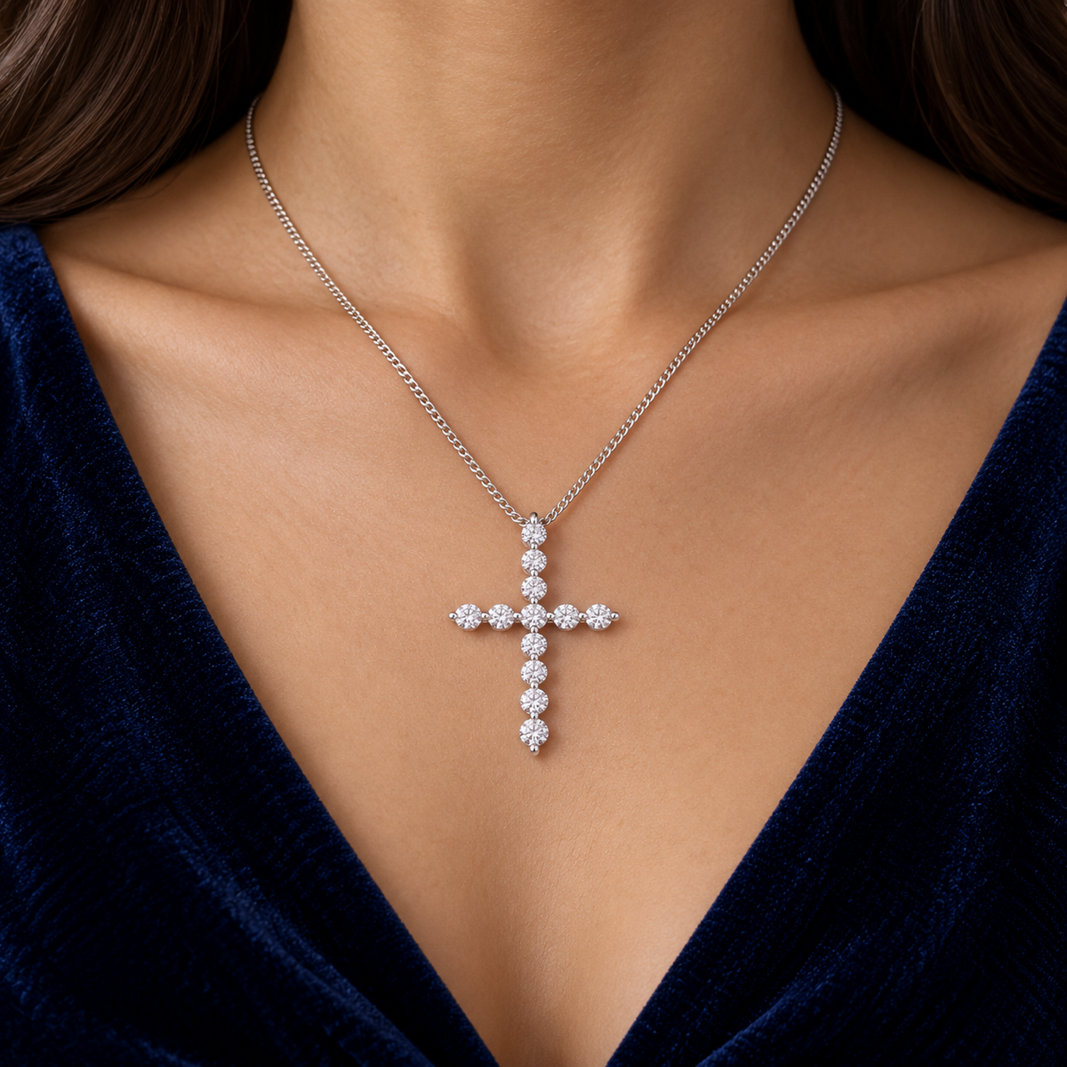 Real Diamond Cross Pendant Necklace 18ct White Gold 18" Chain 0.75ctw Diamonds