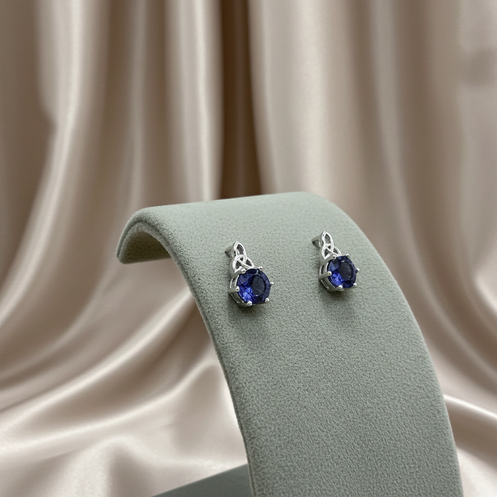 Sapphire Celtic Stud Earrings Solid Sterling Silver 925 Hallmark Rhodium Finish