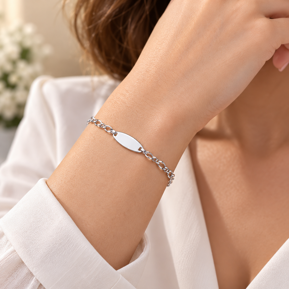 Sterling Silver Figaro Chain ID Bracelet with Oval Name Plate & Lobster Clasp