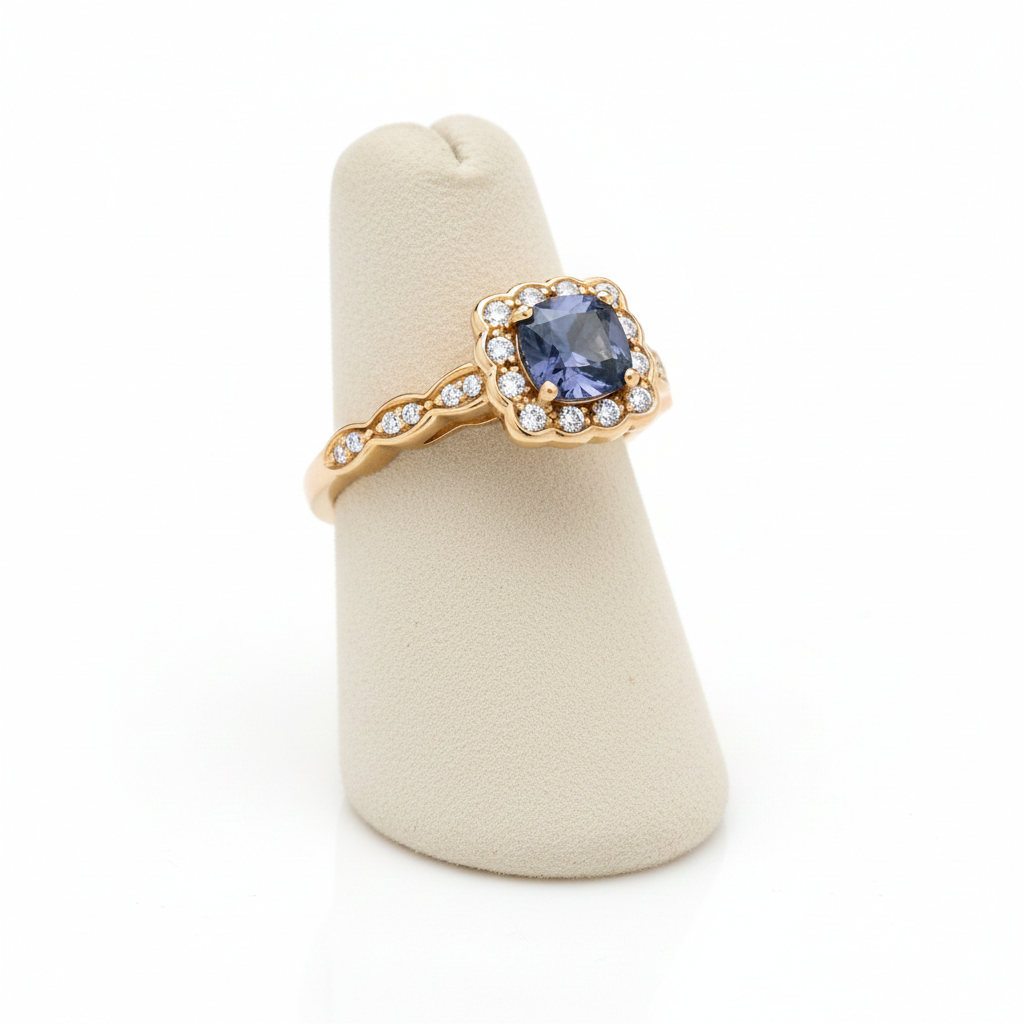 18ct Gold Sapphire Cushion Ring on Solid Sterling Silver 925 Hallmark Size K - S