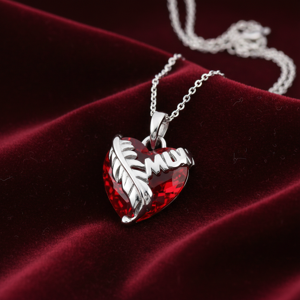 Red Crystal Mum Heart Pendant Solid Sterling Silver 925 Hallmark 18" Chain