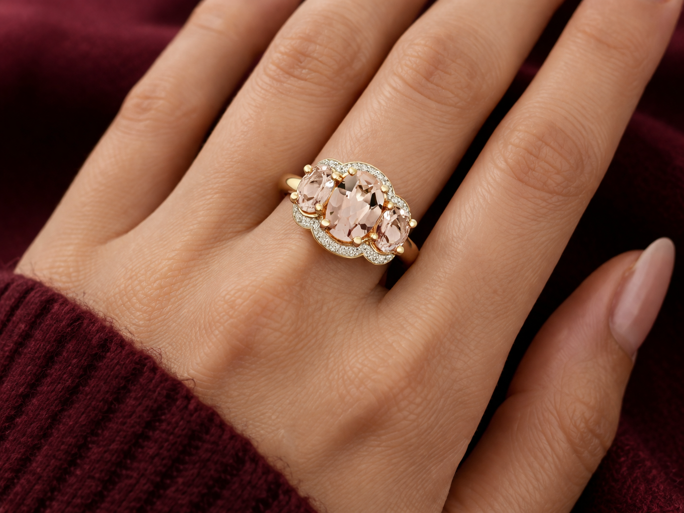 Real Morganite and Diamond Ring 9ct Yellow Gold Three Stone Trilogy Size J - Q