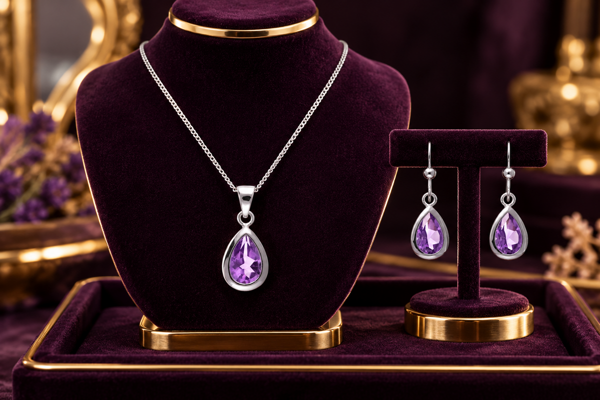 Real Amethyst Matching Set Pendant and Earrings Teardrop Solid Sterling Silver