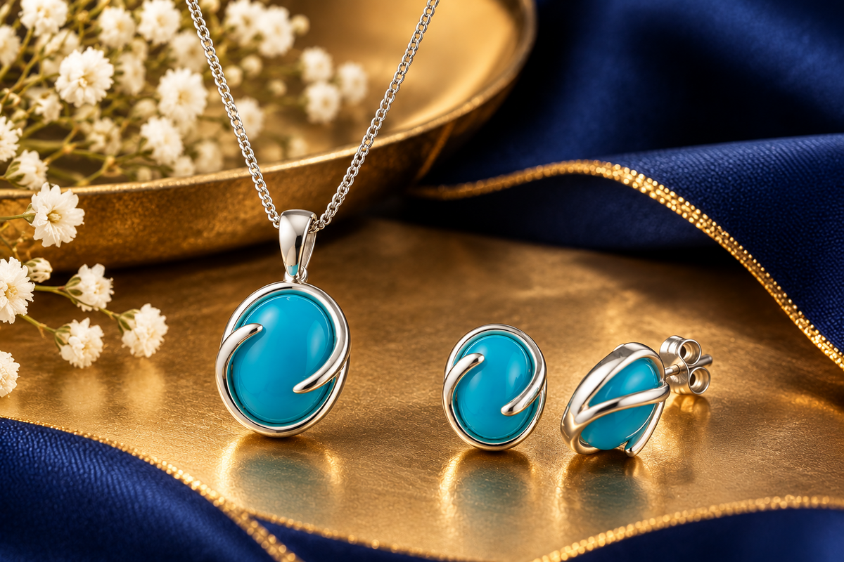 Real Turquoise Matching Set Solid Sterling Silver Pendant and Earrings 18"