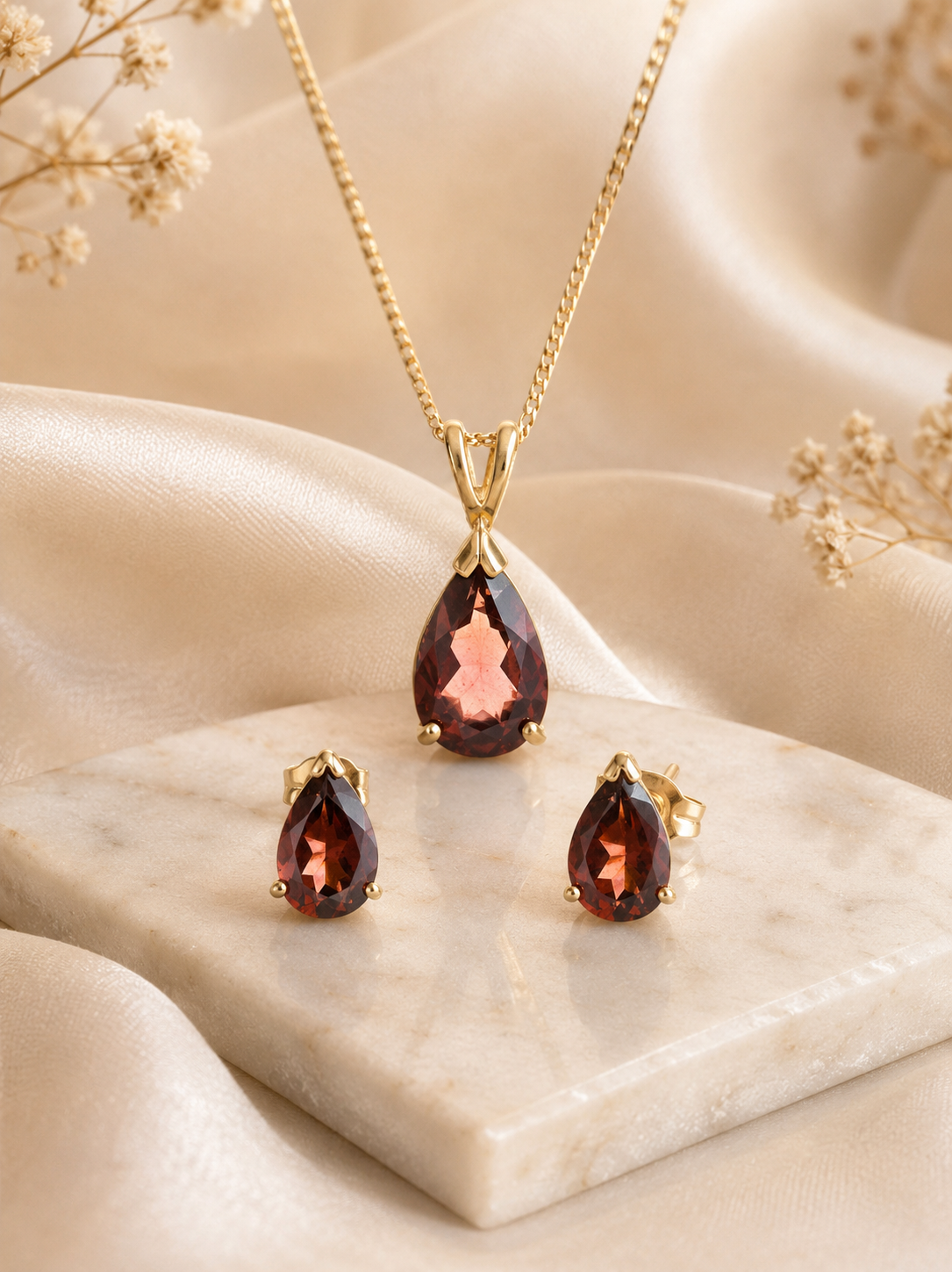 Elegant Garnet Teardrop Pendant & Stud Earrings Set in Solid Yellow Gold 18"