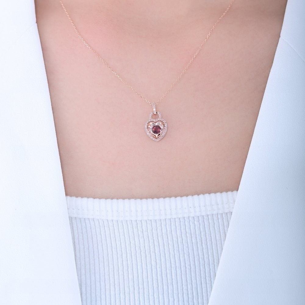 Garnet Heart Necklace With Diamond Solid Yellow Gold 18" 46cm Length Chain