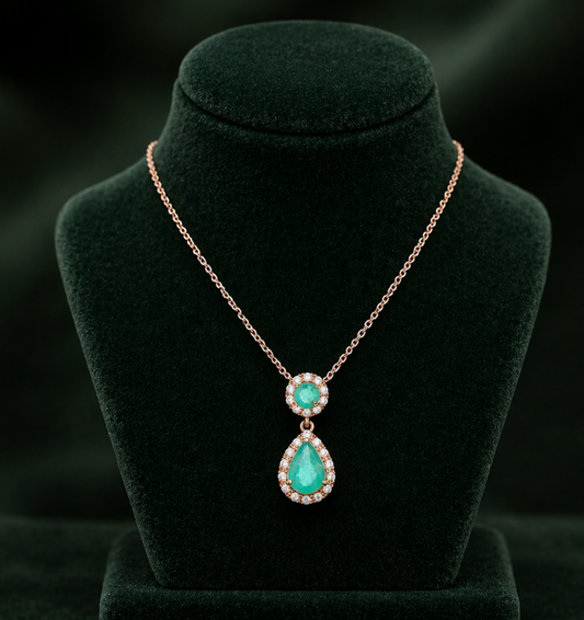 Emerald and Diamond Teardrop Pendant 9ct White Gold 18" 46cm Length Chain