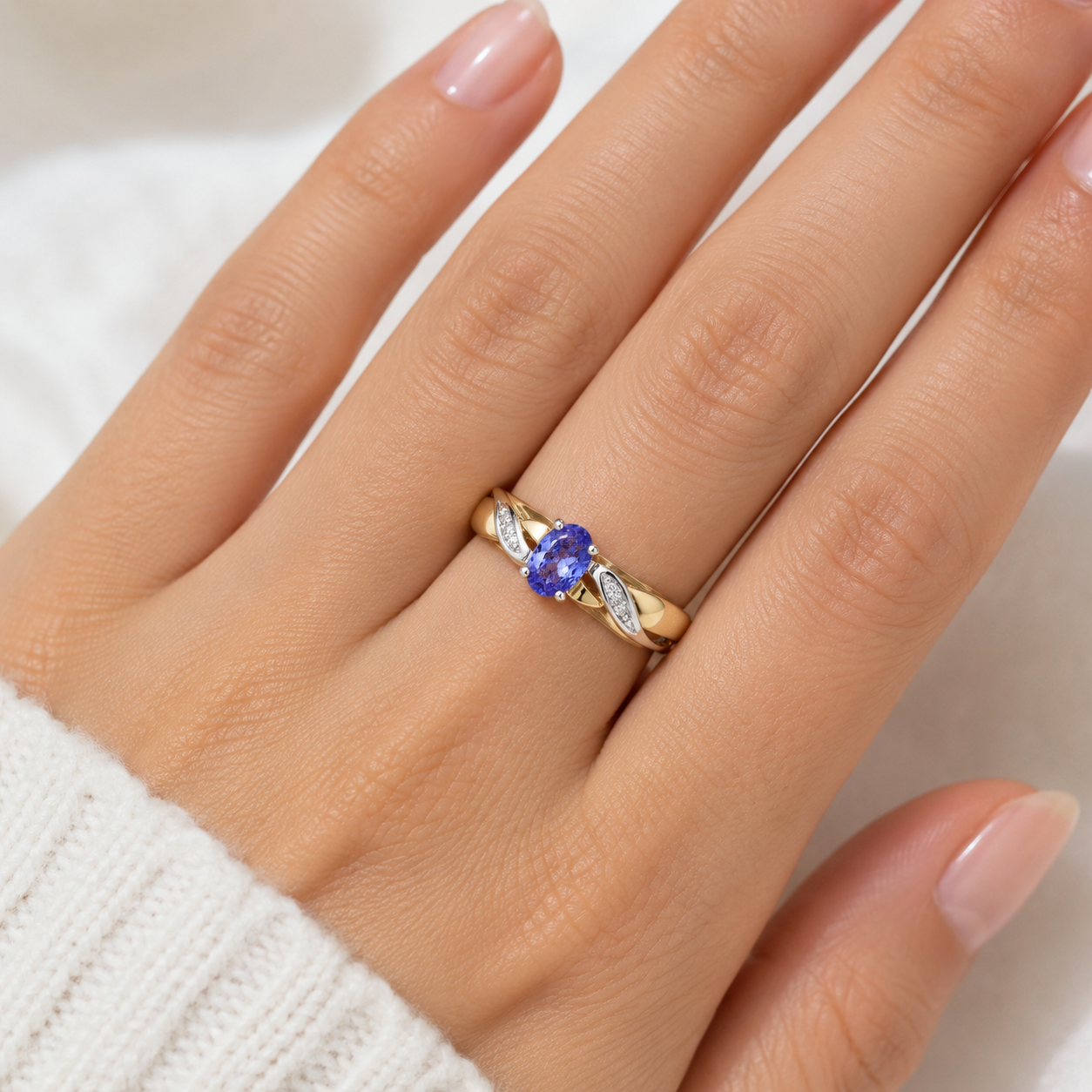 Tanzanite & Diamond Oval Gemstone Ring Two Tone Yellow & White Gold Hallmarked