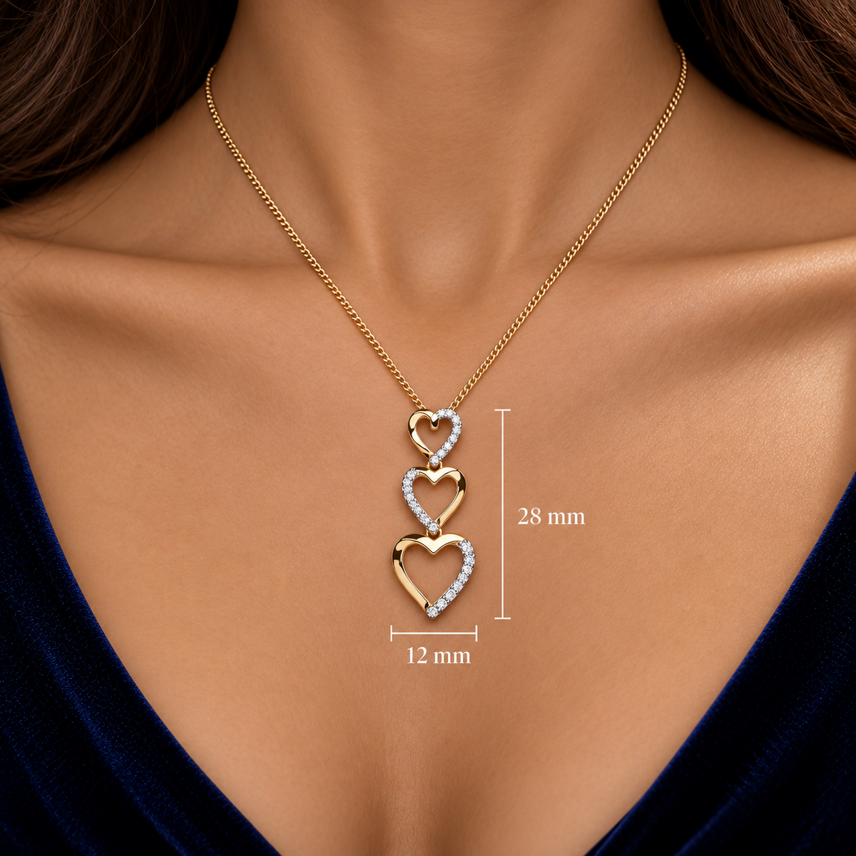 Diamond Three Heart Pendant 9ct Yellow Gold 18" Chain 0.15ctw Real Diamonds