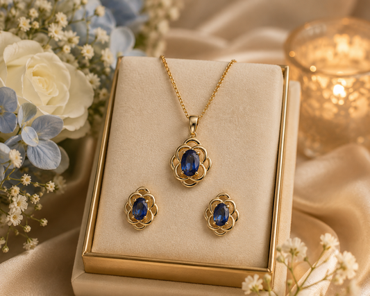 Elegant Yellow Gold Kanchan Sapphire Pendant Necklace and Earrings Jewellery Set