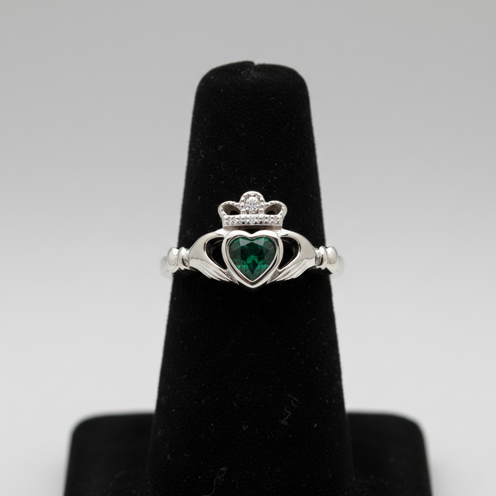 Sterling Silver Emerald Claddagh Ring 925 Hallmark Size K - S