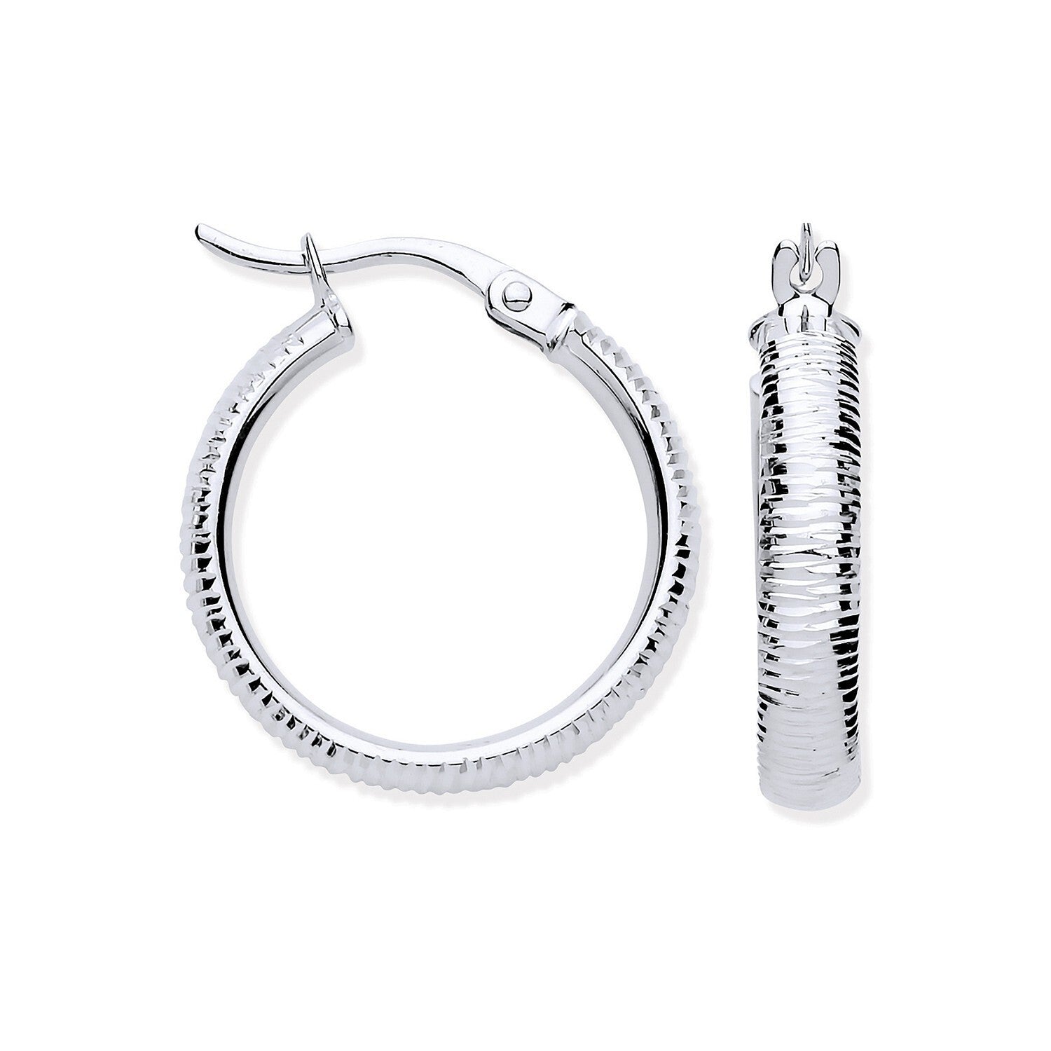 White Gold Ribbed Hoop Earrings 18mm Creole Hoops Hallmarked