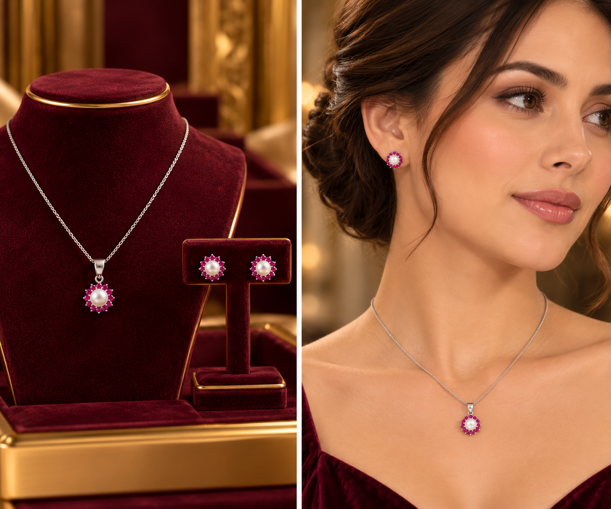 Real Ruby and Freshwater Pearl Jewellery Set Solid Sterling Silver 925 18" Chain