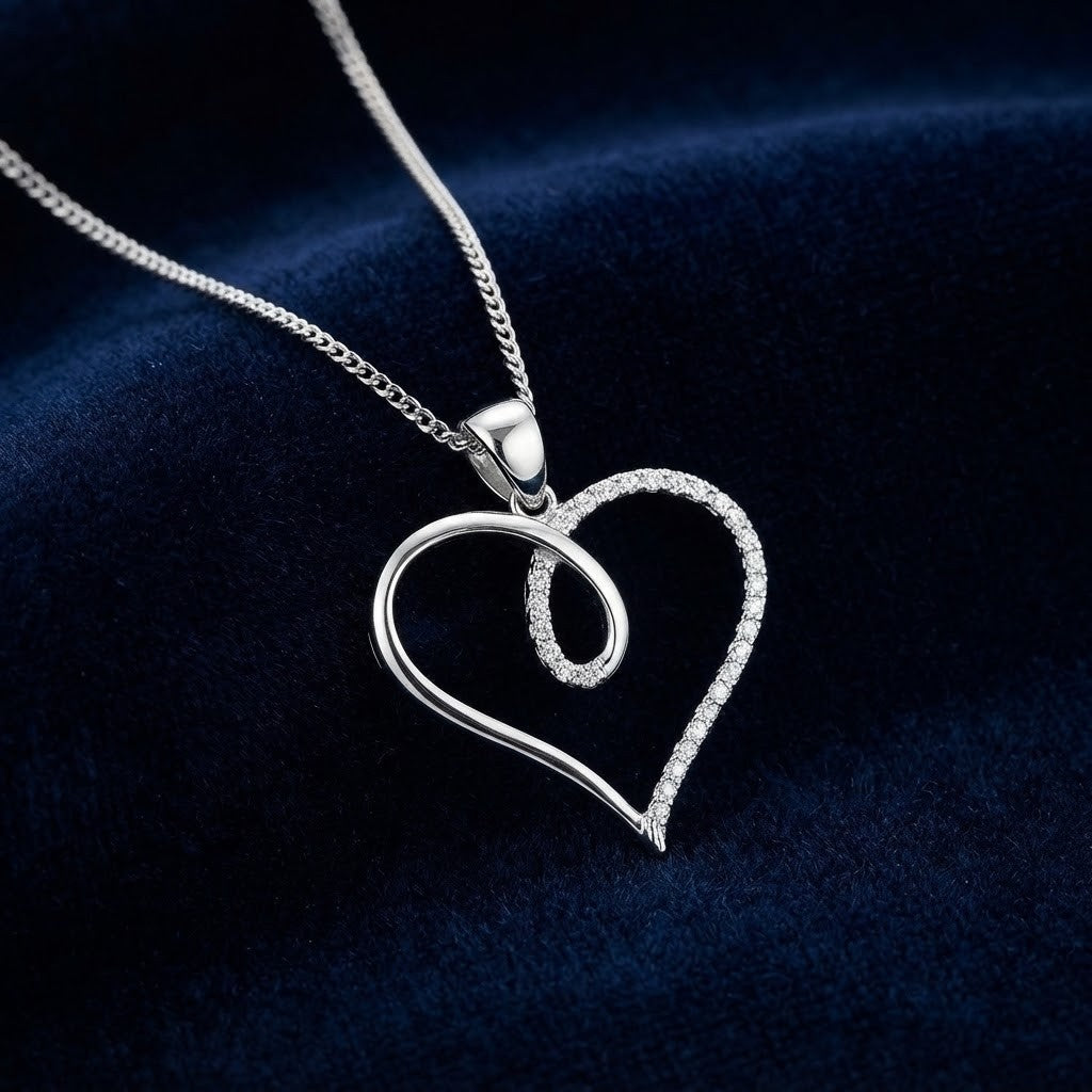 Real Diamond Heart Pendant 9ct White Gold 18"/45cm Chain Hallmarked