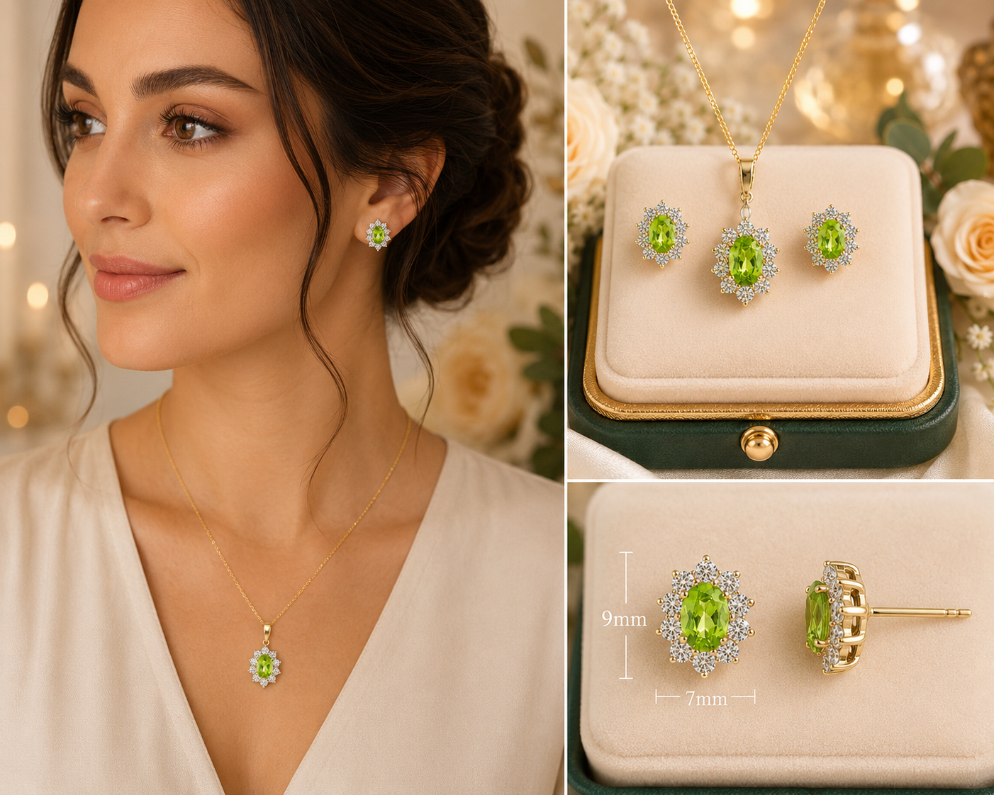 Elegant Peridot Jewellery Set in Yellow Gold – Pendant Necklace & Earrings