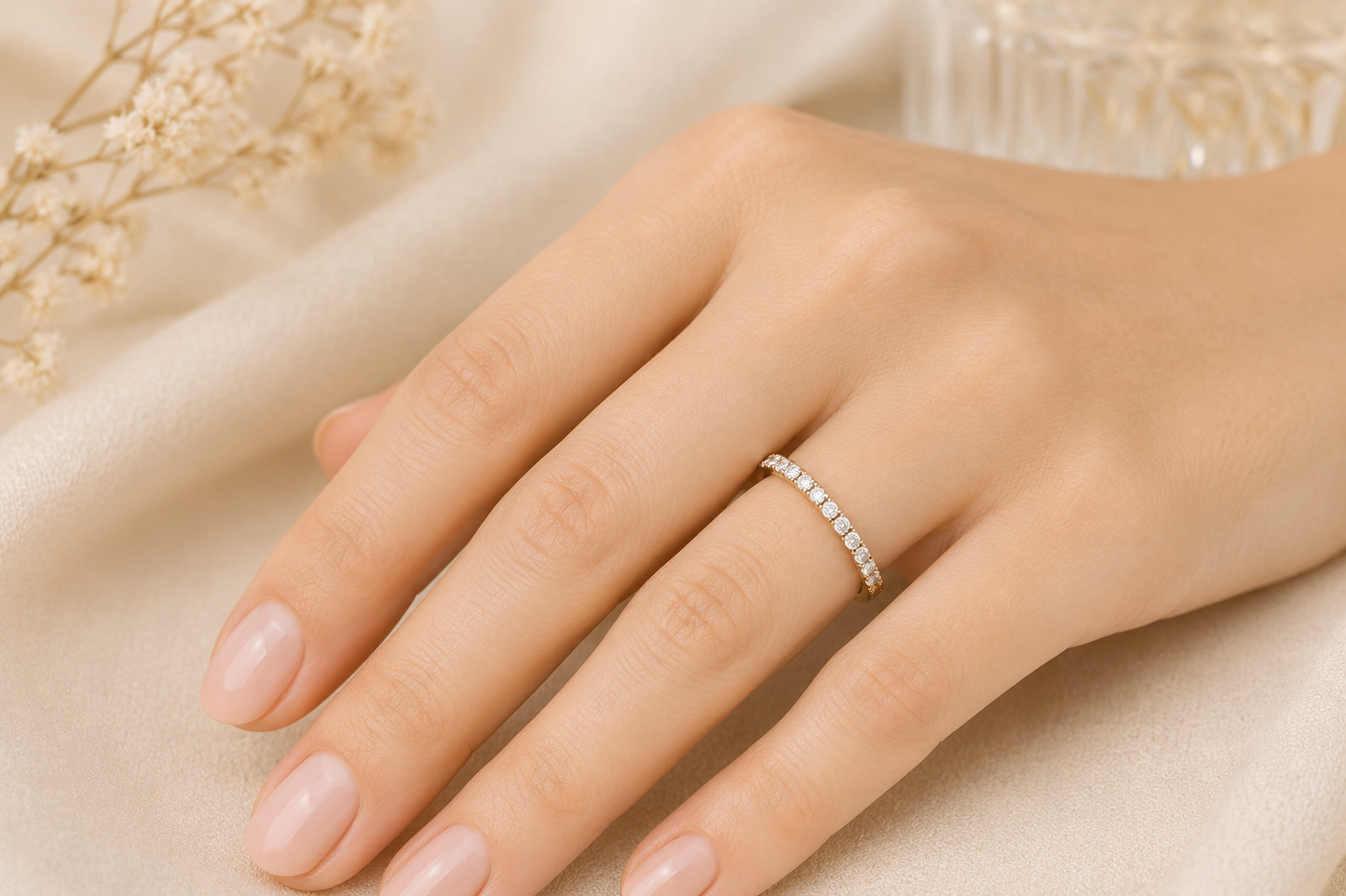 18ct Gold Half Eternity Ring Pavé Wedding Band on Solid Sterling Silver