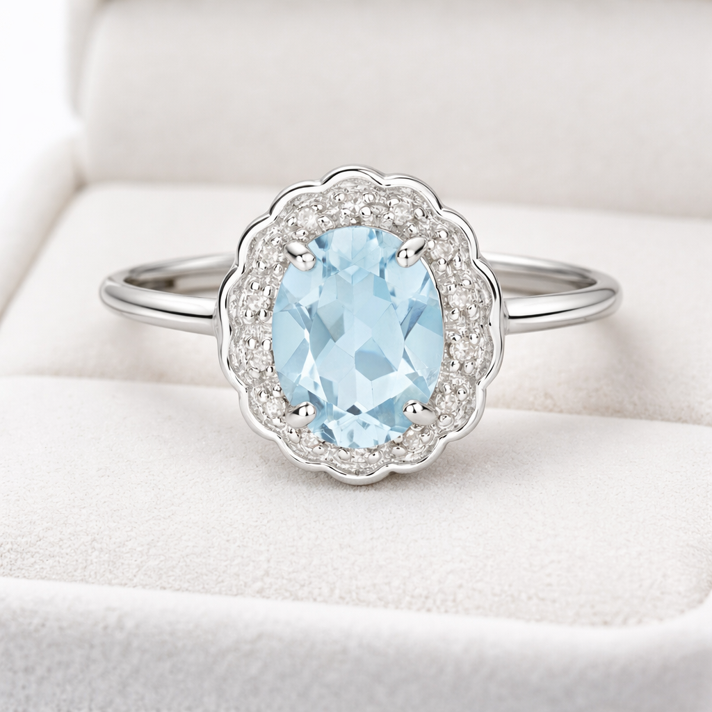 Aquamarine and Diamond Ring Solid White Gold Cluster Engagement Size J - Q