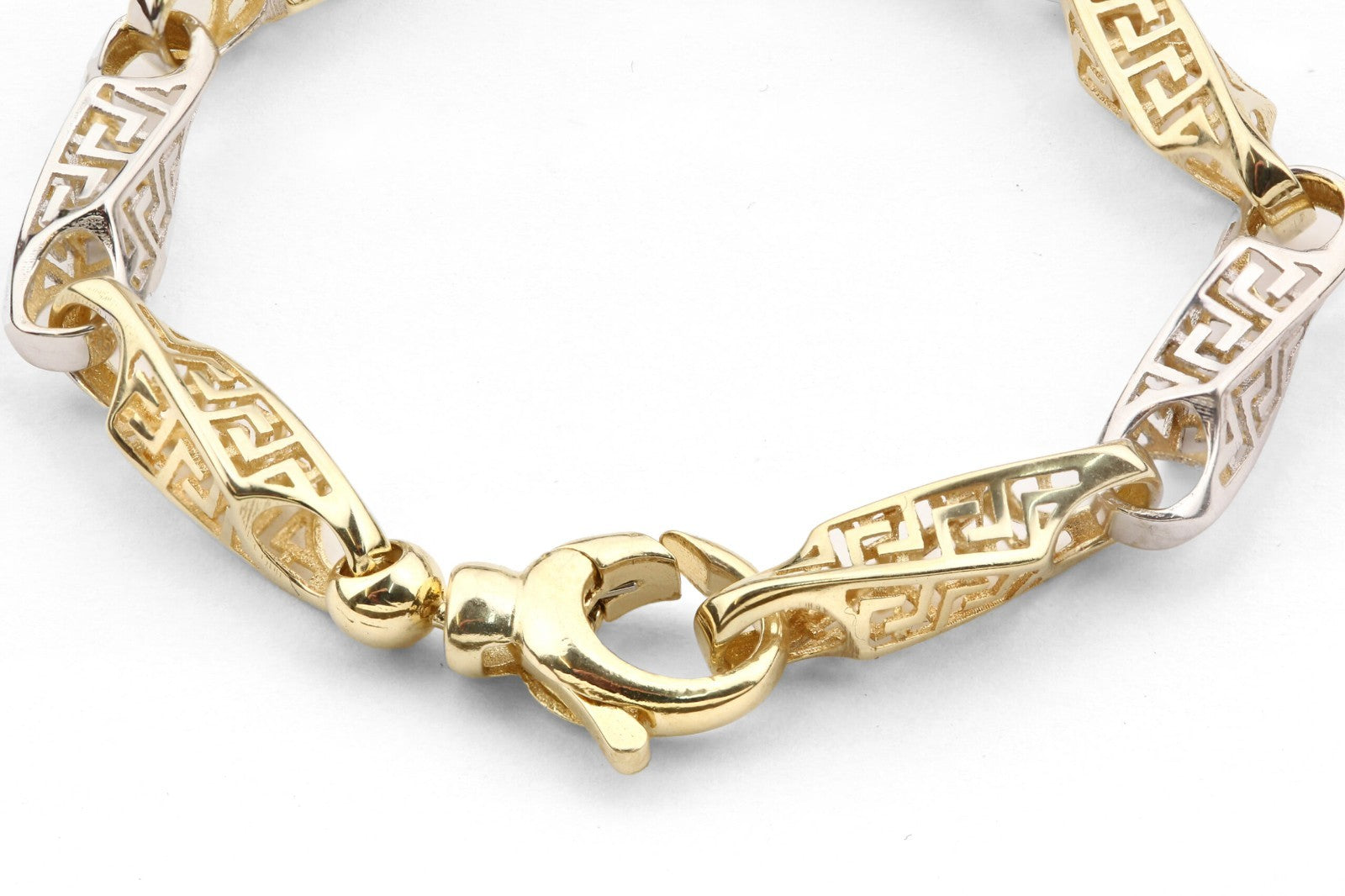 Two-Tone Greek Key Link Bracelet – Yellow and White Gold 375 Hallmark 19cm
